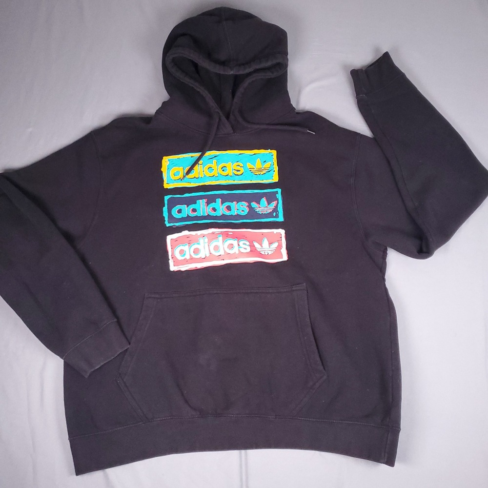 Adidas Hoodie Mens XL Black Triple Color Tri Linear Stacked Graphic Logo